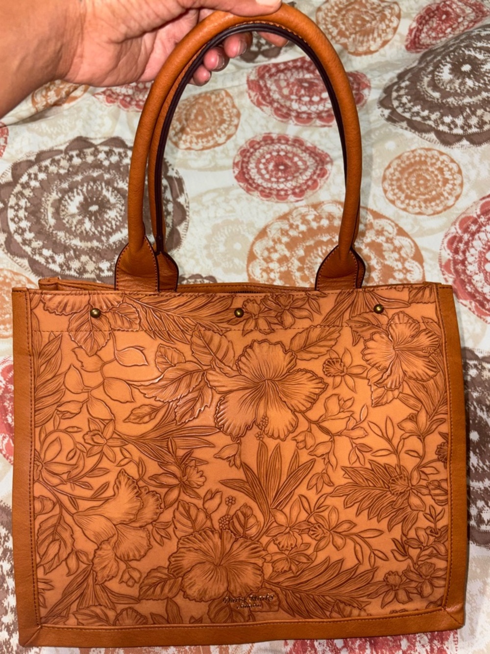 Embossed Floral Tote Bag in Tan
